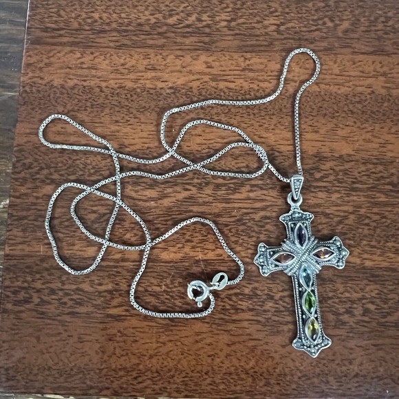 Sterling Silver .925 multi gemstone cross pendant necklace - Picture 3 of 11